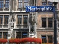 Street sign Marienplatz in Munich with city hall in the background